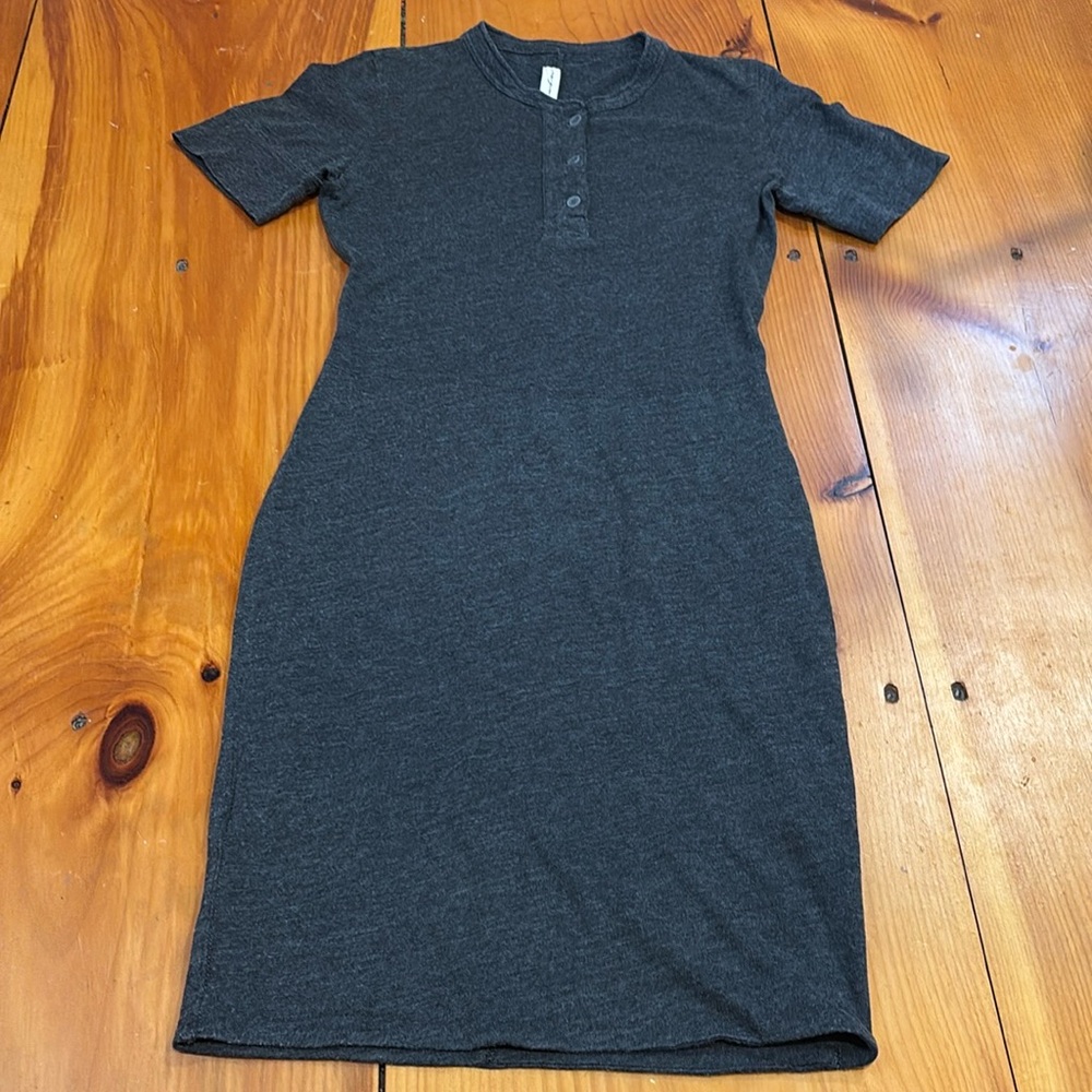 RAQUEL ALLEGRA Basic 1 Charcoal Henley Bodycon Short Sleeve Dress Cotton Blend